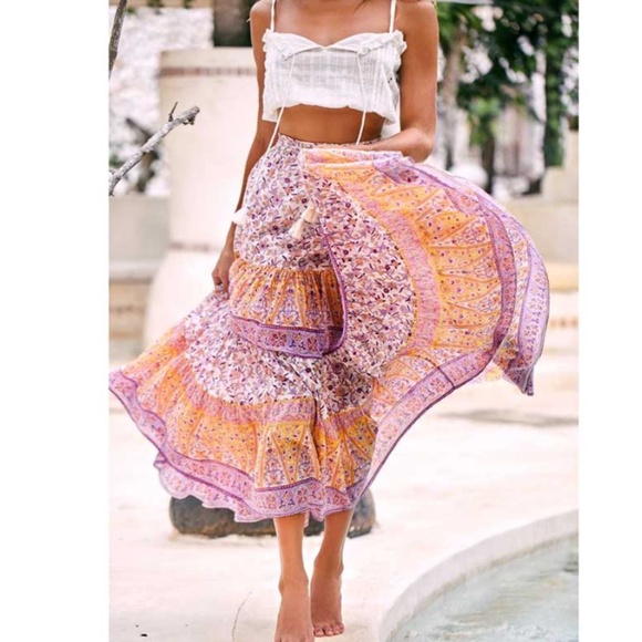 Boho floral Print Stretchy Waist Tassel Maxi Skirt